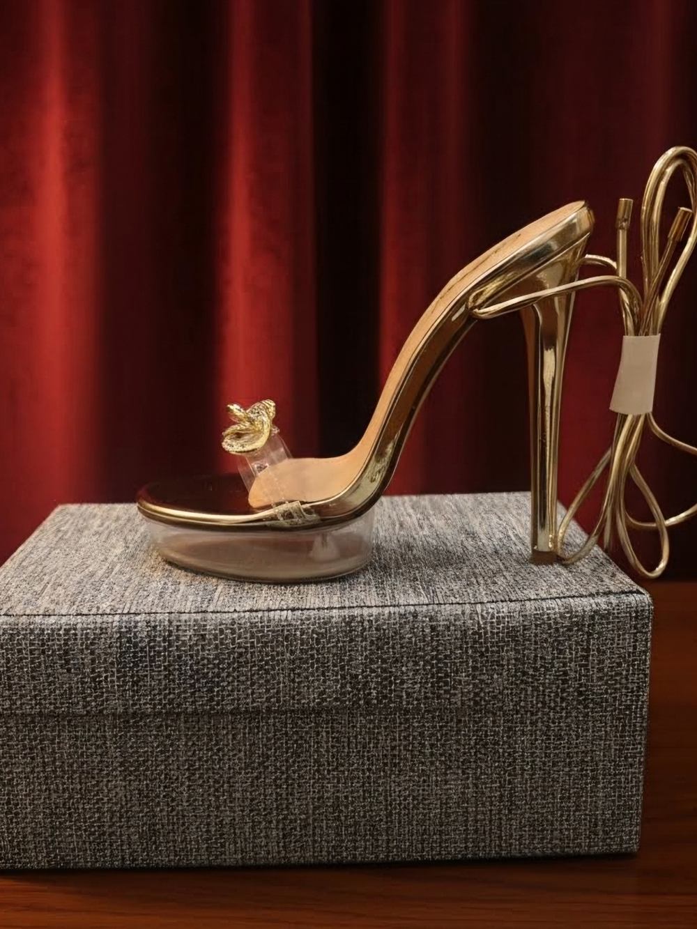 Cathy Din Gold Clear Platform Stiletto Heels with Decorative Accent